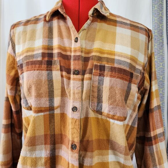 UNIVERSAL TREAD Brown Plaid Long Sleeve Button Up Boyfriend Shirt Size S - Picture 2 of 6